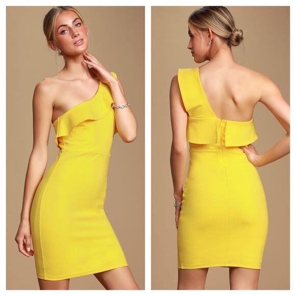 Lulus Asha Yellow One-Shoulder Bodycon Dress Medium - Picture 1 of 7